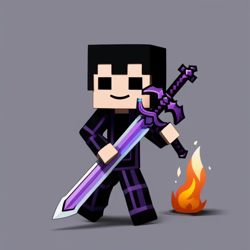 design an avatar for Minecraft inspired by myself, with smiling face, with a normal hairstyle with hair in black.The altar should have an armour with black and purple in colour. It should have an emerald coloured sword.It should have chainsaw arms, two of them.It should have a flame thrower as well.