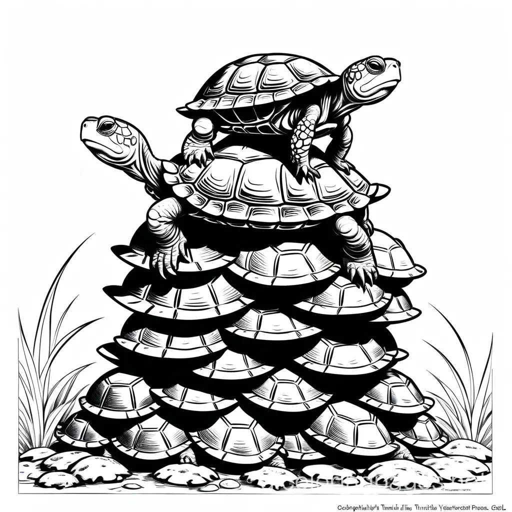 Yertle the Turtle atop his stack of turtles, overlooking his kingdom
, Coloring Page, black and white, line art, white background, Simplicity, Ample White Space. The background of the coloring page is plain white to make it easy for young children to color within the lines. The outlines of all the subjects are easy to distinguish, making it simple for kids to color without too much difficulty