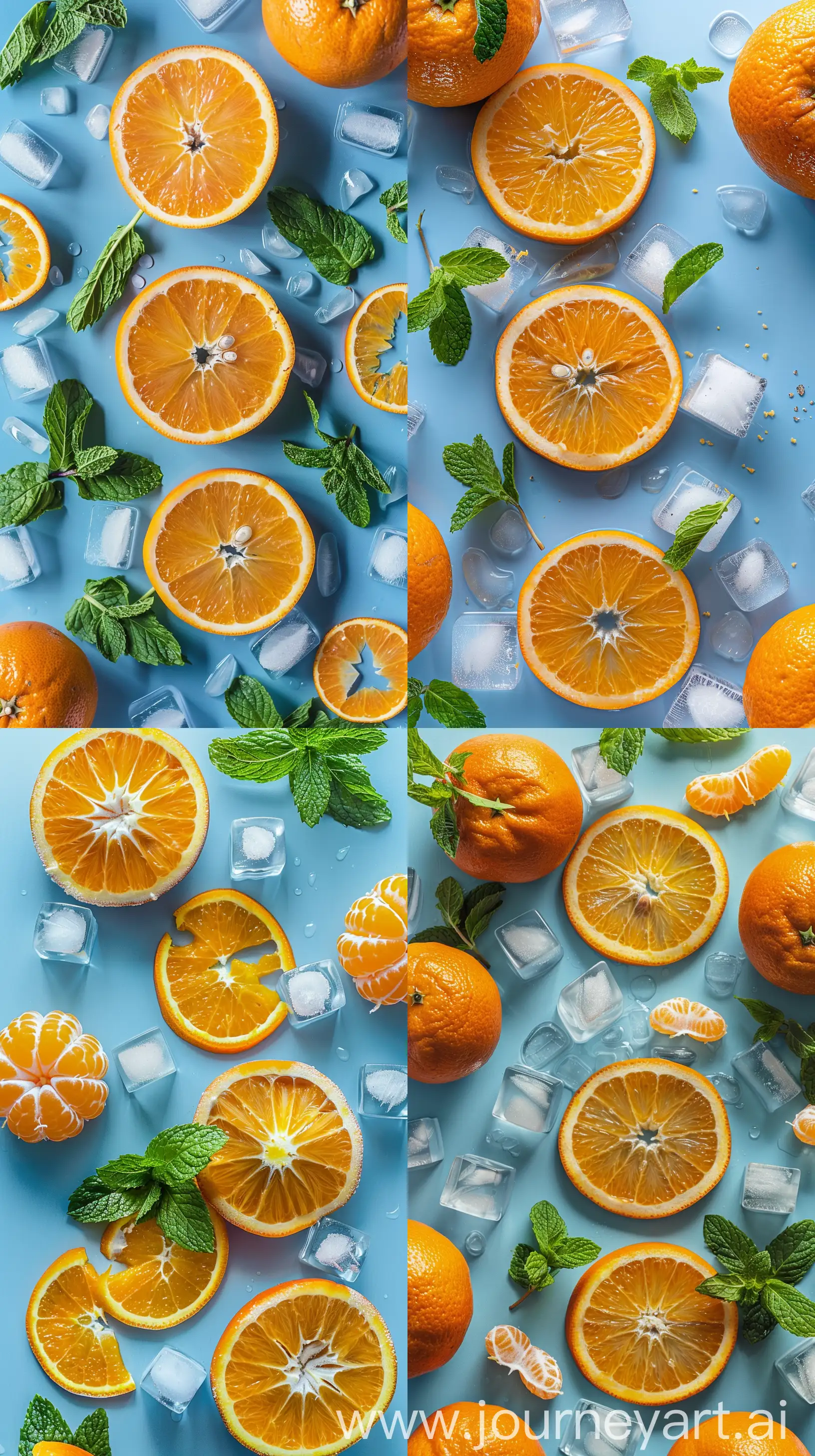Sliced oranges, ice cubes, mint leaves, scattered on blue background, vibrant colors, creative food photography, likely DSLR camera, shallow depth of field, studio lighting setup --ar 9:16 --style raw