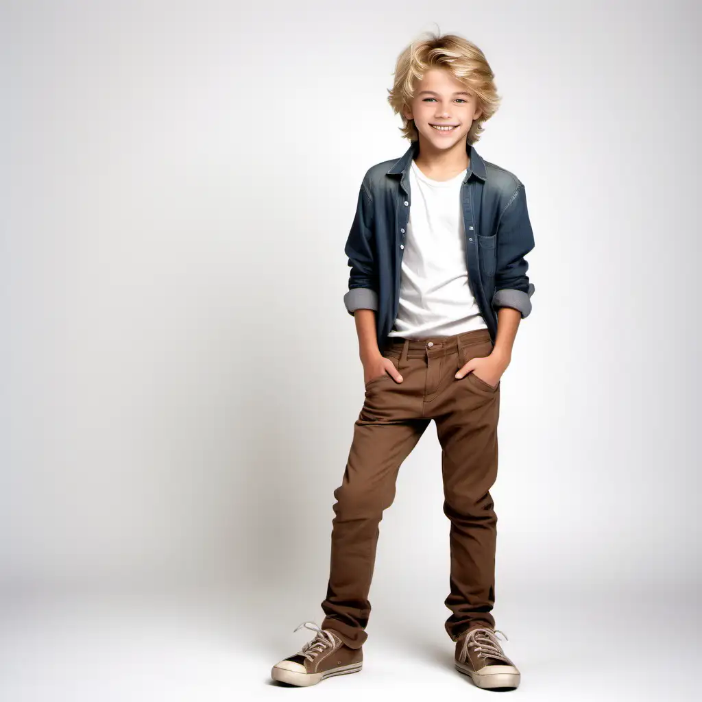 Smiling Blonde Teen Boy in Brown Pants and Shoes on White Background