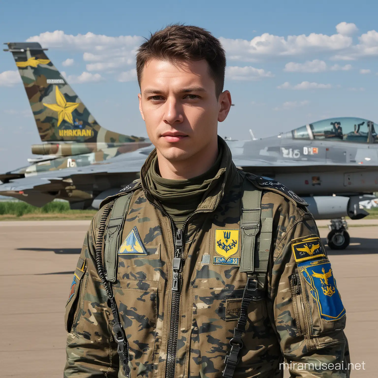 Ukrainian Pilot in Camouflage Uniform with F16 Aircraft