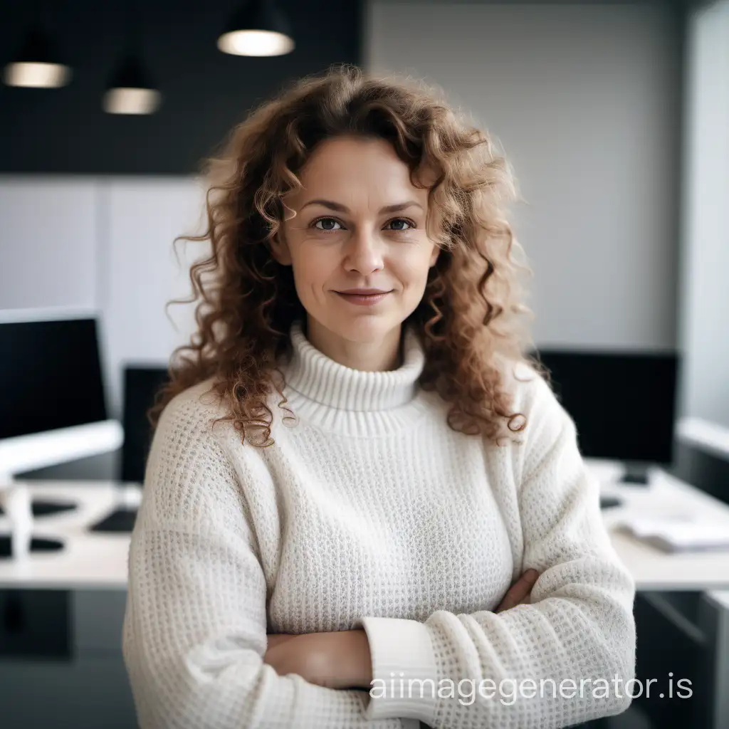 Swedish female HR boss 20 years curly brown hair  in wolly white sweater in modern office