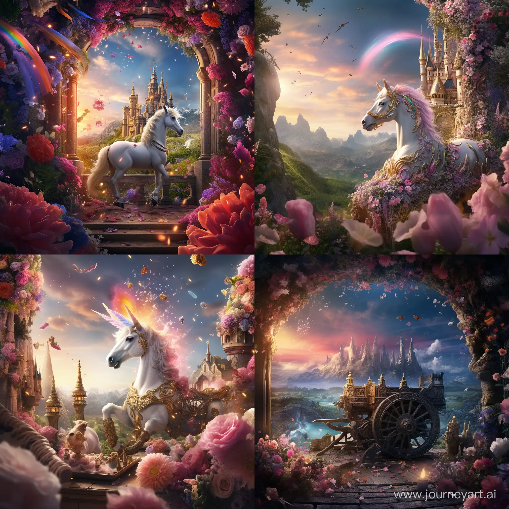 A cannon in the foreground is shooting confetti from its mouth above a fairytale world with unicorns and puppies, Epic cinematic brilliant stunning intricate meticulously detailed dramatic atmospheric maximalist digital matte painting heavenly sunshine beams divine bright soft focus holy in the clouds