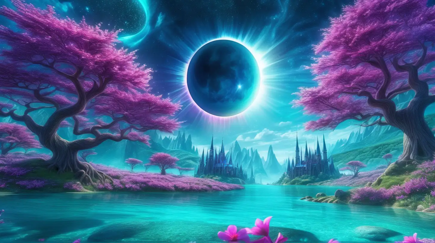 Solar eclipse in the sky. Forest of Bright royal-green and blue big, flower trees, purple, pink surrounded in turquoise-blue-river. Daylight, 8k, fairytale world glowing. Magical, fantasy and potions