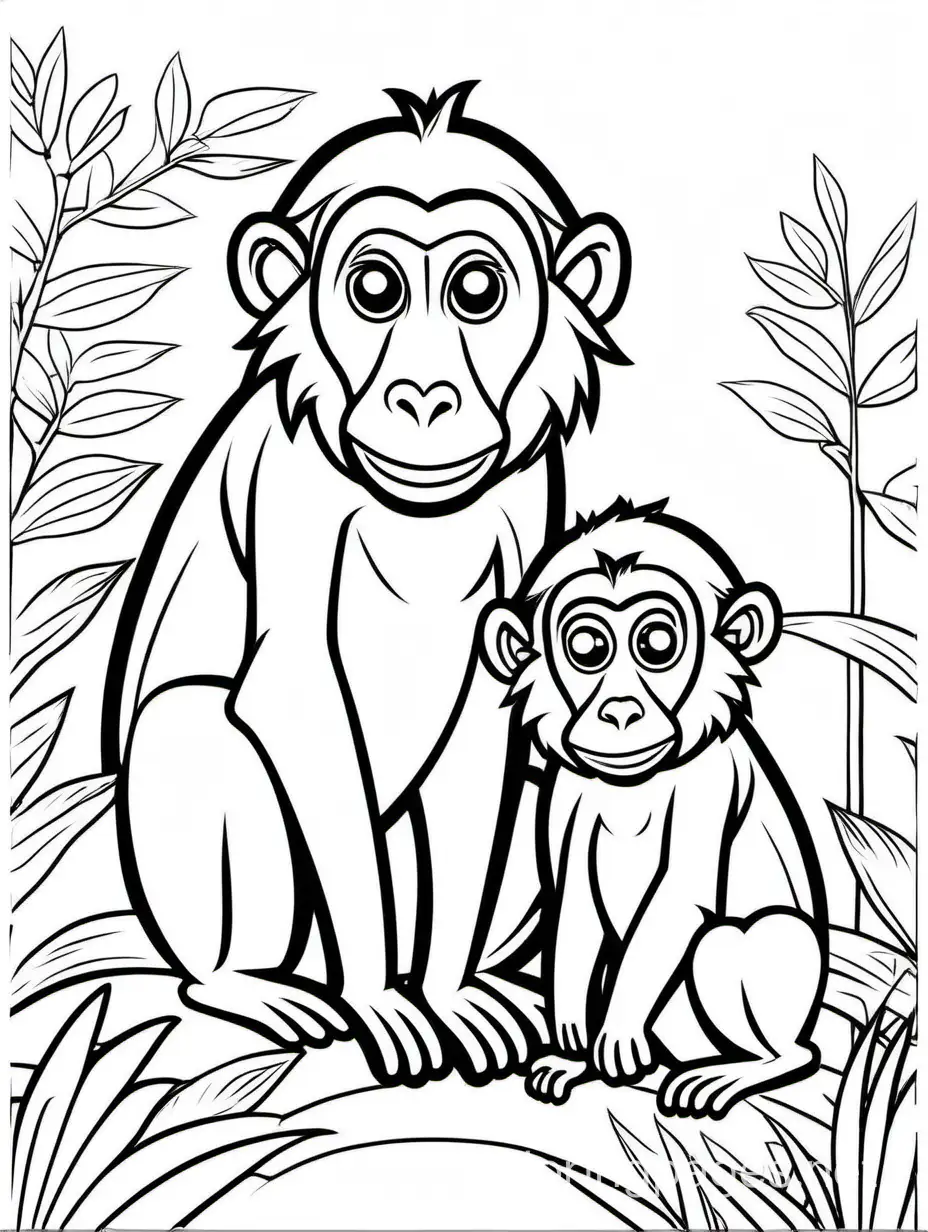 cute Baboon  with his baby    for kids, Coloring Page, black and white, line art, white background, Simplicity, Ample White Space. The background of the coloring page is plain white to make it easy for young children to color within the lines. The outlines of all the subjects are easy to distinguish, making it simple for kids to color without too much difficulty