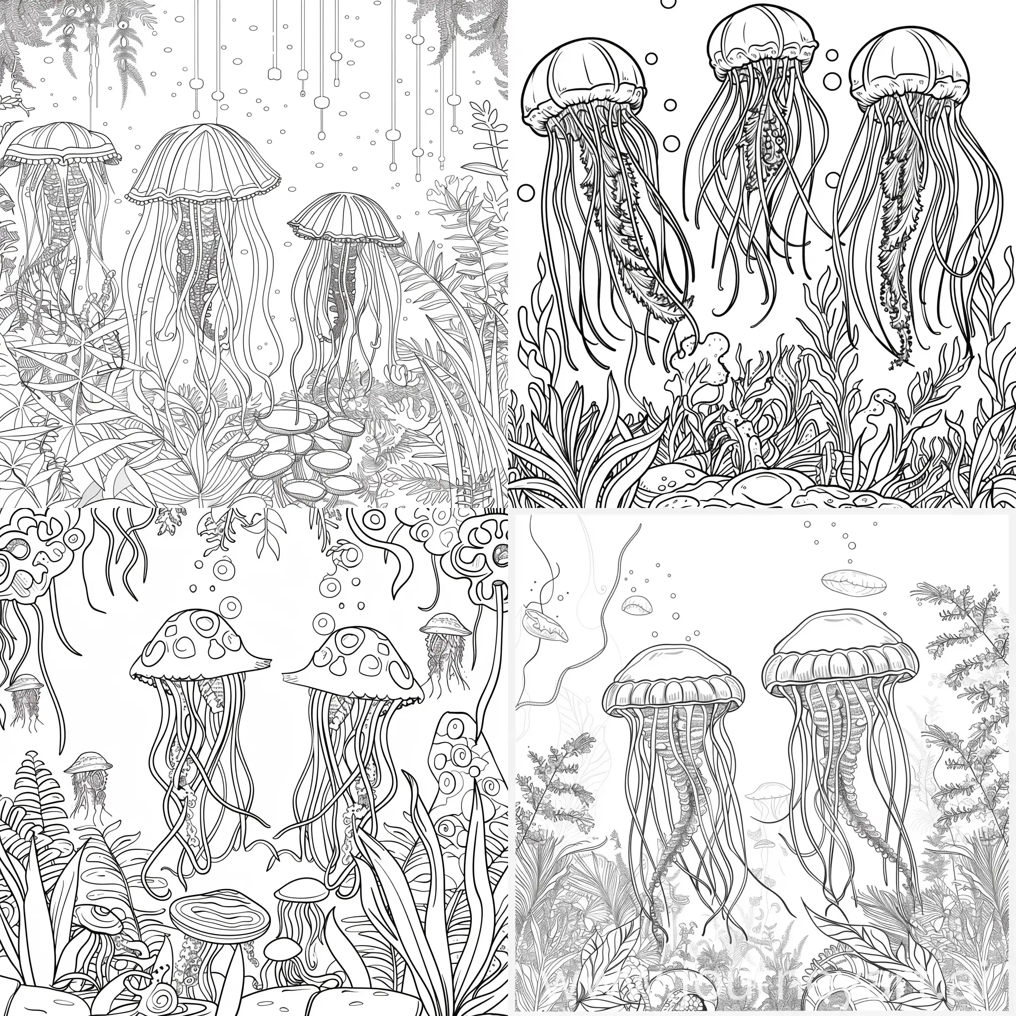 coloring pages fr kids,jelyfish
 in a jungle,carton style,thick lines,low details,no shading--ar 9:11