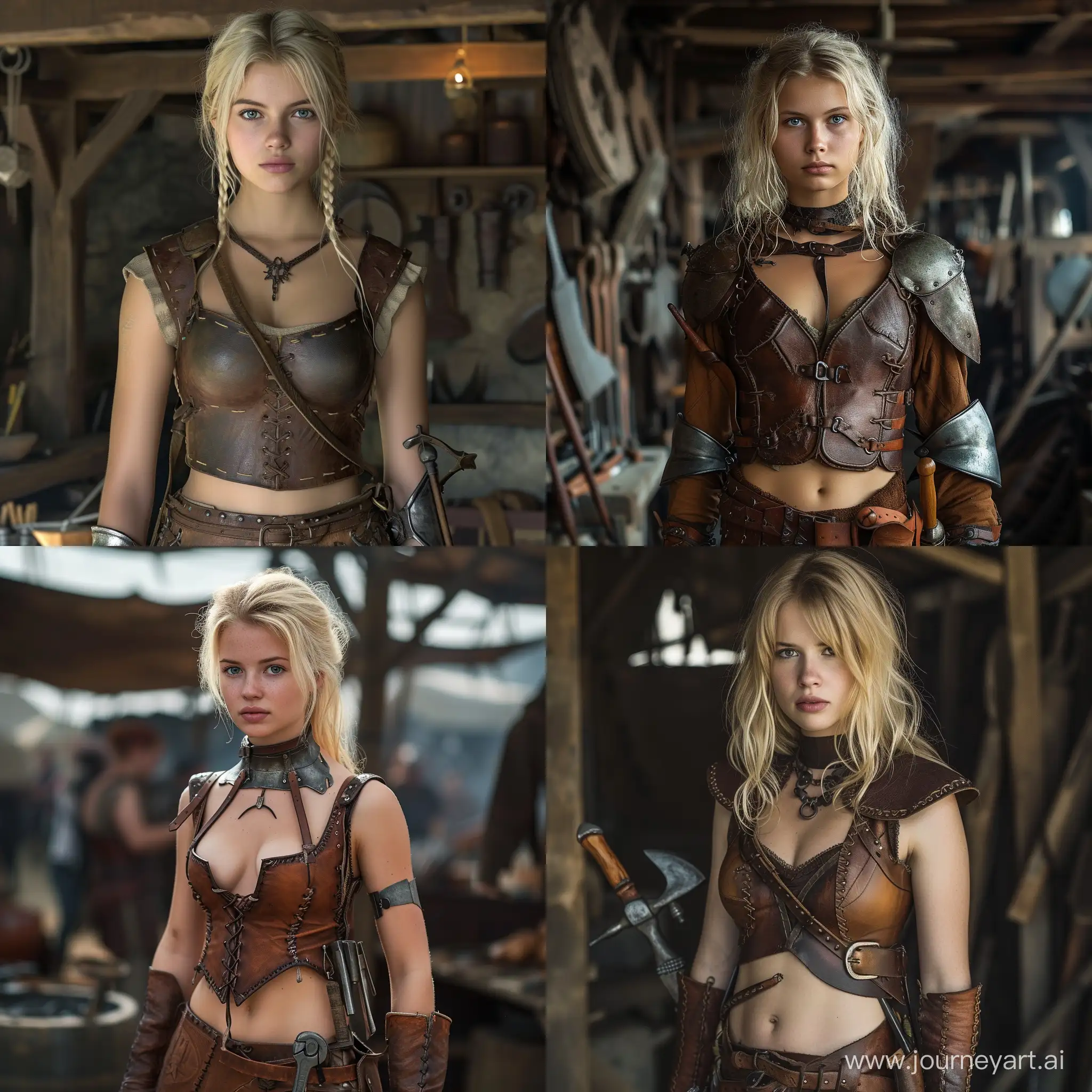 Young looking Blond girl, thin, small breasts, Leather armor, smithing tools on hip, 1.50 meters tall