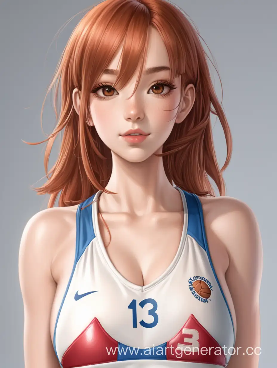 A photo showing the whole body of a girl who is 1.75 tall, weighs 59 kilos, has very small breasts and big ass, red hair, wears size 36 shoes, is sexy, very sweet, very cute, has almond lips, light brown eyes, and is a volleyball player.