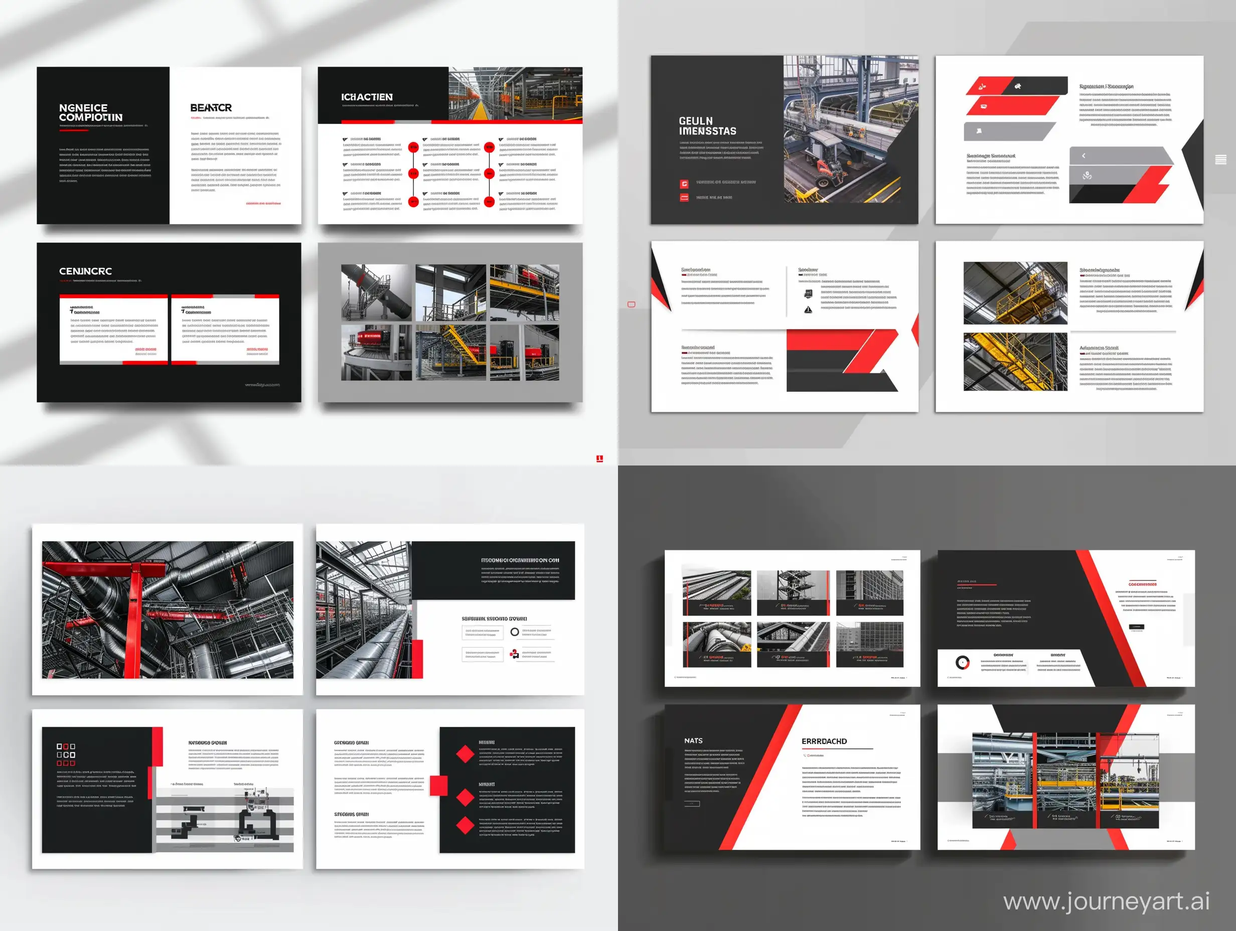 дизайн 4 слайдов презентации инженерной компании в черных, белых, серых и красных цветах. Слайды состоят из заголовка и четырех разделов
