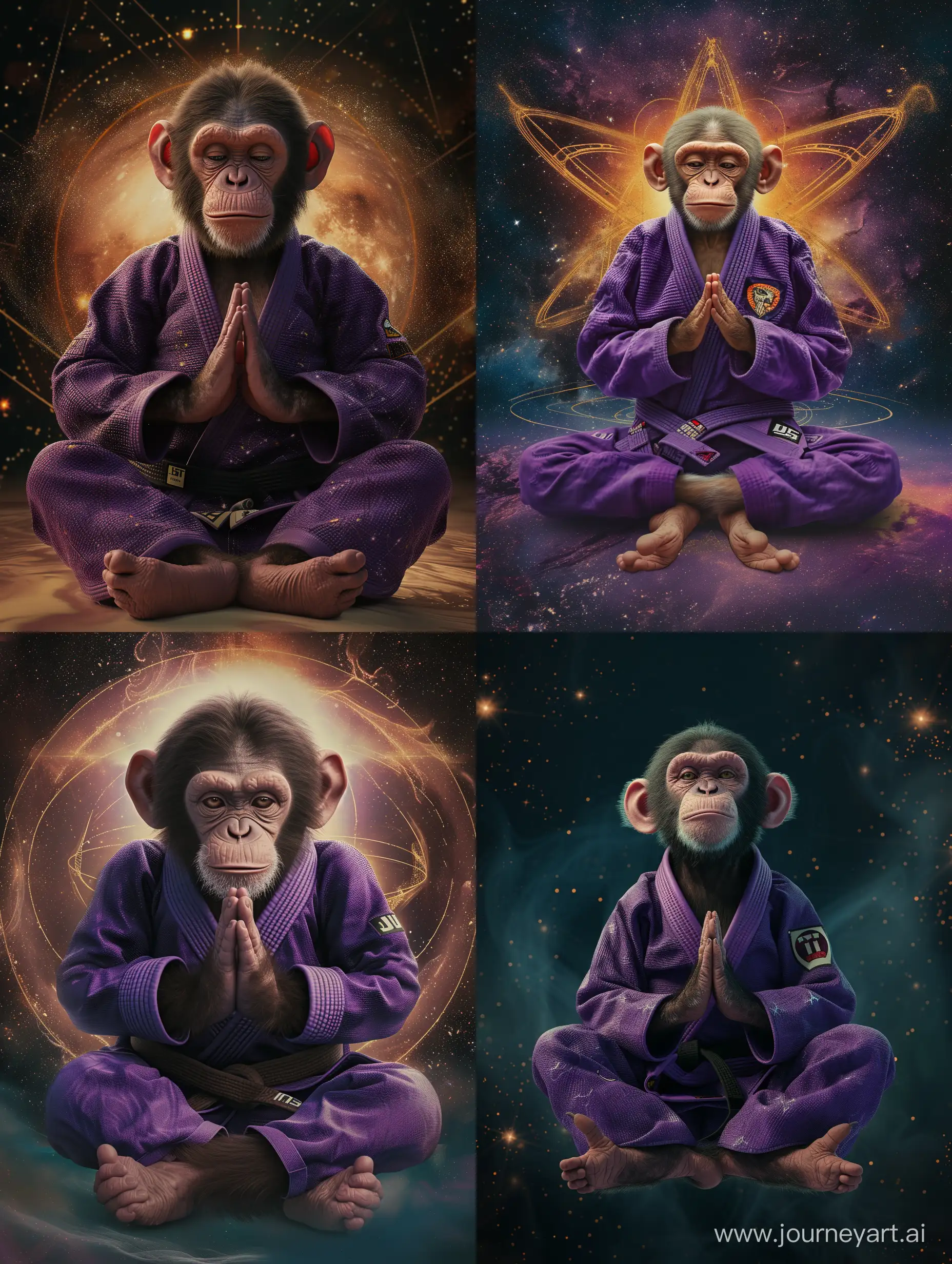 Photo realistic image of a young, mischievous monkey wearing a purple Brazilian jiu jitsu gi. He is meditating with his legs crossed and palms pressed together in prayer.He is looking at the viewer with an evil smirk on his face, symmetry, cosmic background, celestial, magic