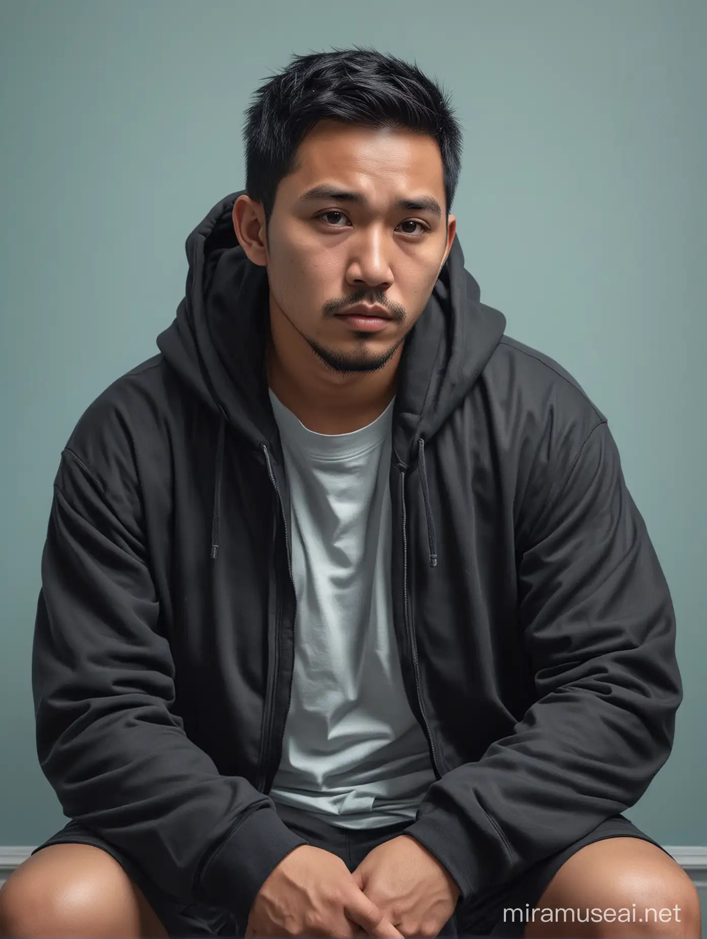 Contemplative Indonesian Man in Black Hoodie Sitting in a Blue Room