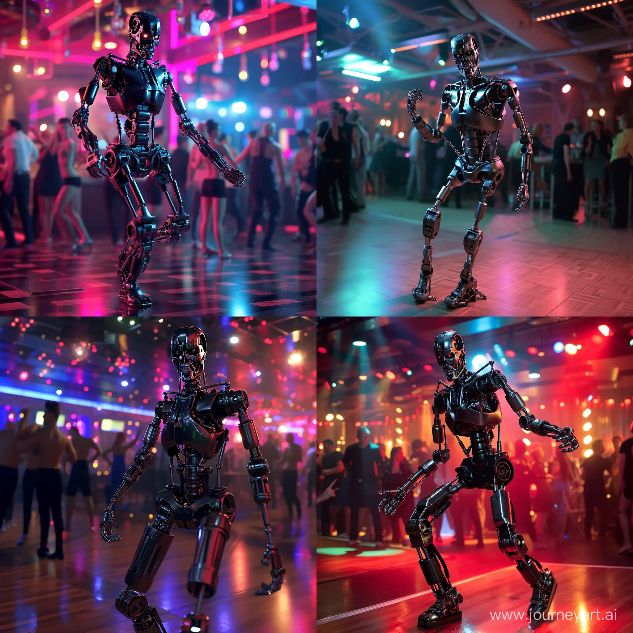 Терминатор т-600 танцует на танцполе в ночном клубе 