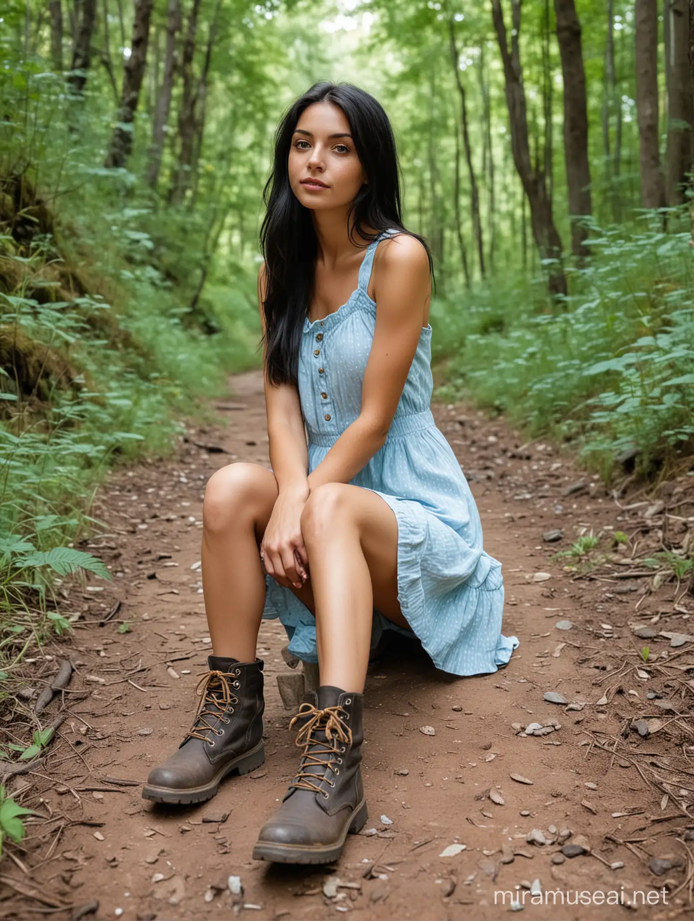 short skinny girl, long black hair, hazel eyes, light blue small sundress, hiking boots, sitting on the side of a forest trail