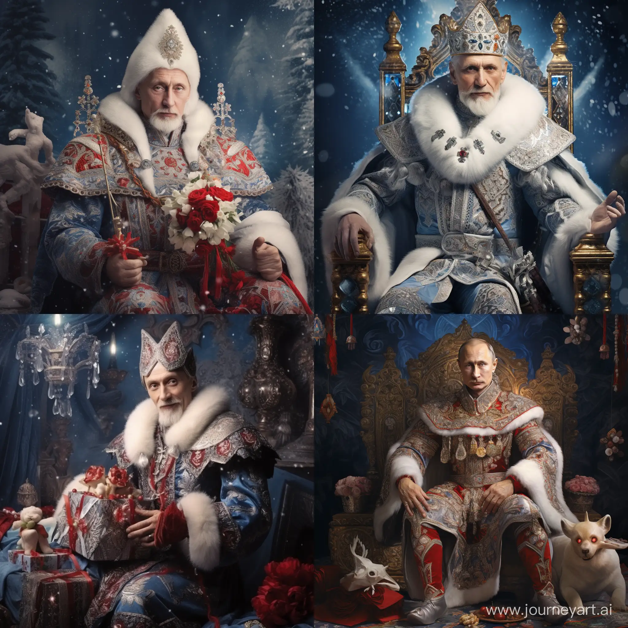 Vladimir Putin as Father Frost giving presents.