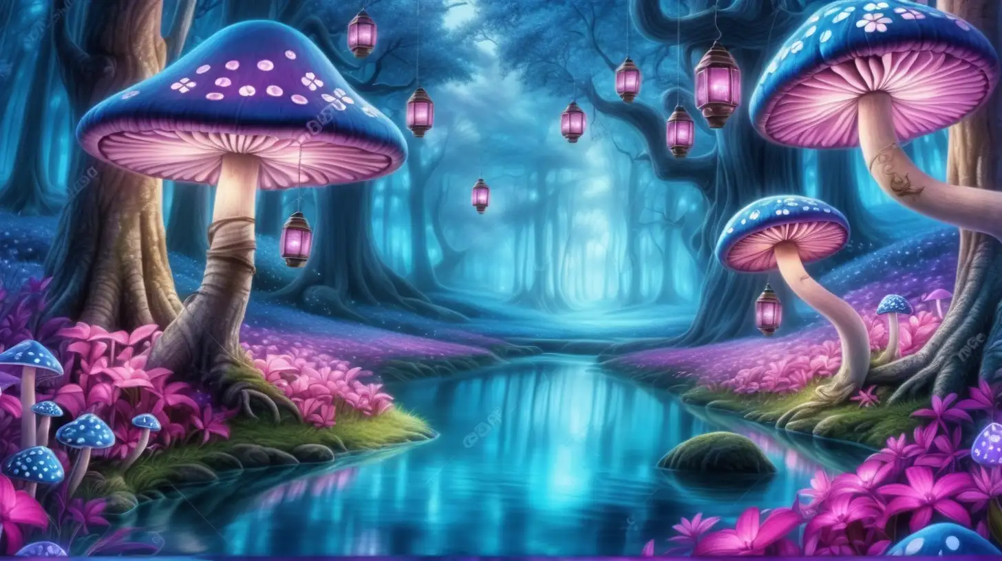 Magical Fairytale blue and purple and magenta-pink flowers-covered mushrooms and fairytale-lanterns hanging on blue-water-trees forest