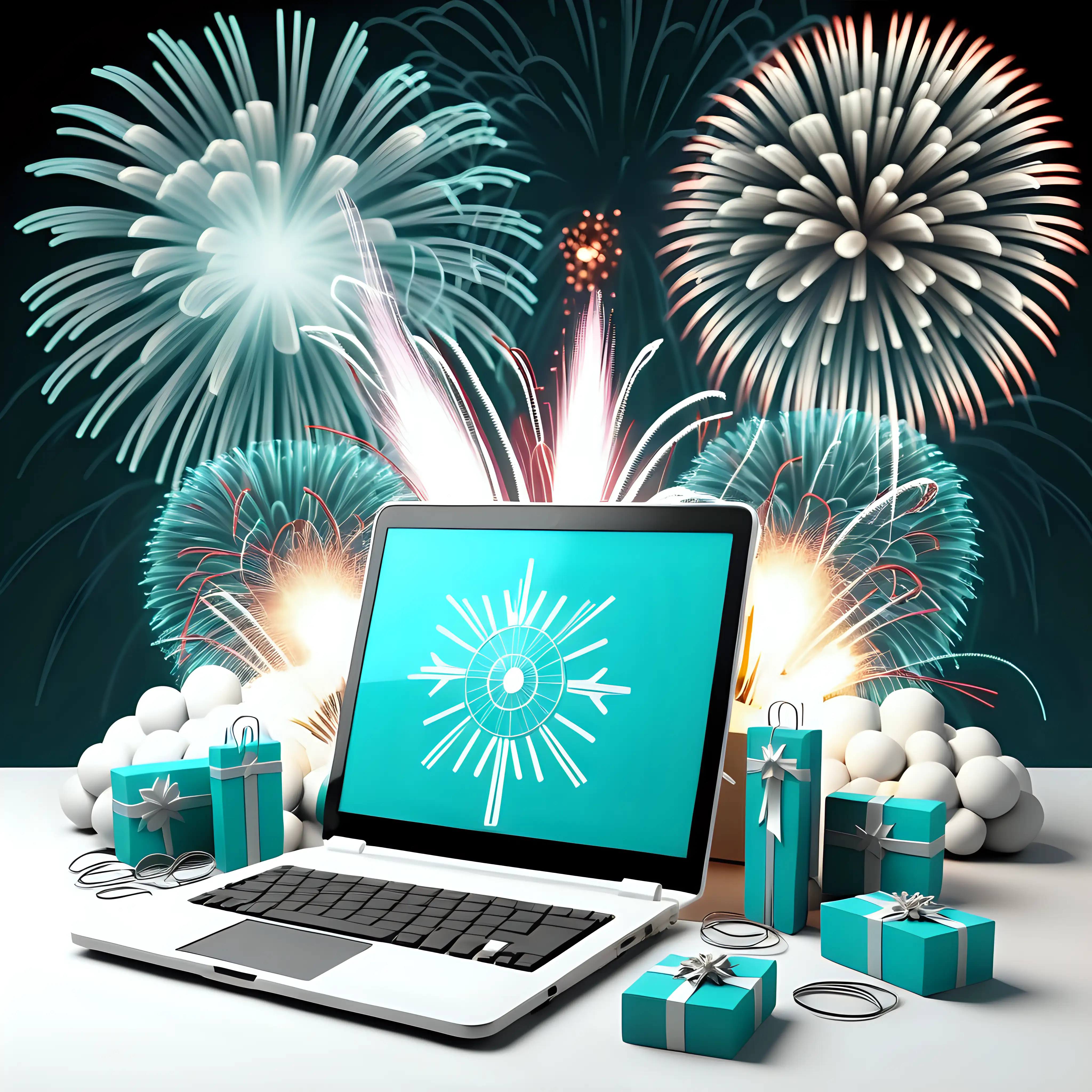 Turquoise and White New Years Eve Cyber Security Celebration with Fireworks