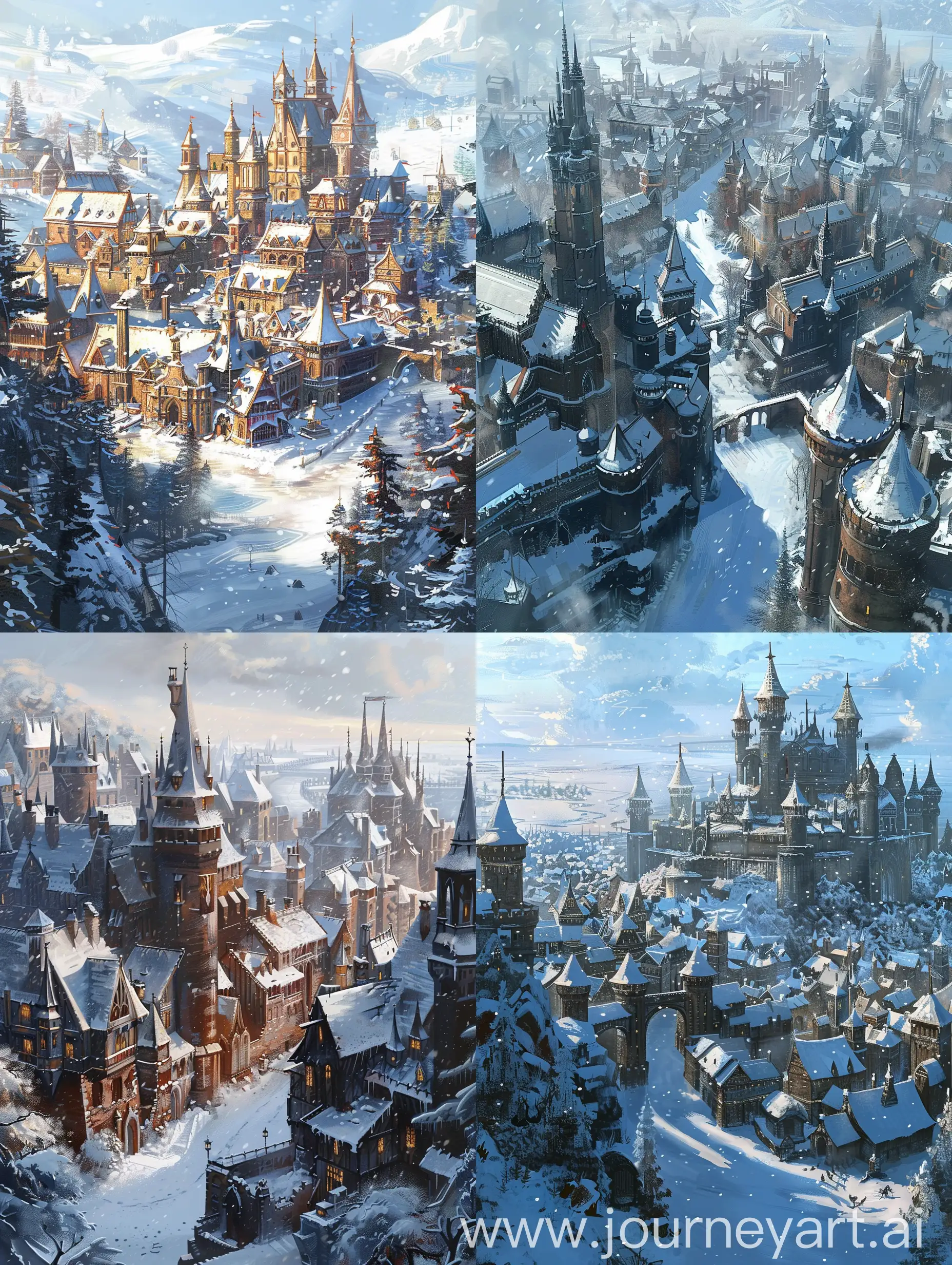 Зимний средневековый крупный город, стиль фентези, арт