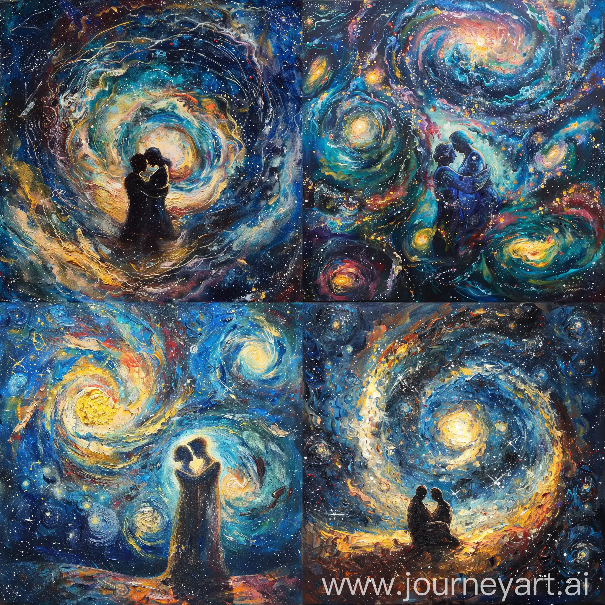 Eternal Embrace: Create a painting depicting two figures locked in a timeless embrace, surrounded by swirling galaxies and constellations.