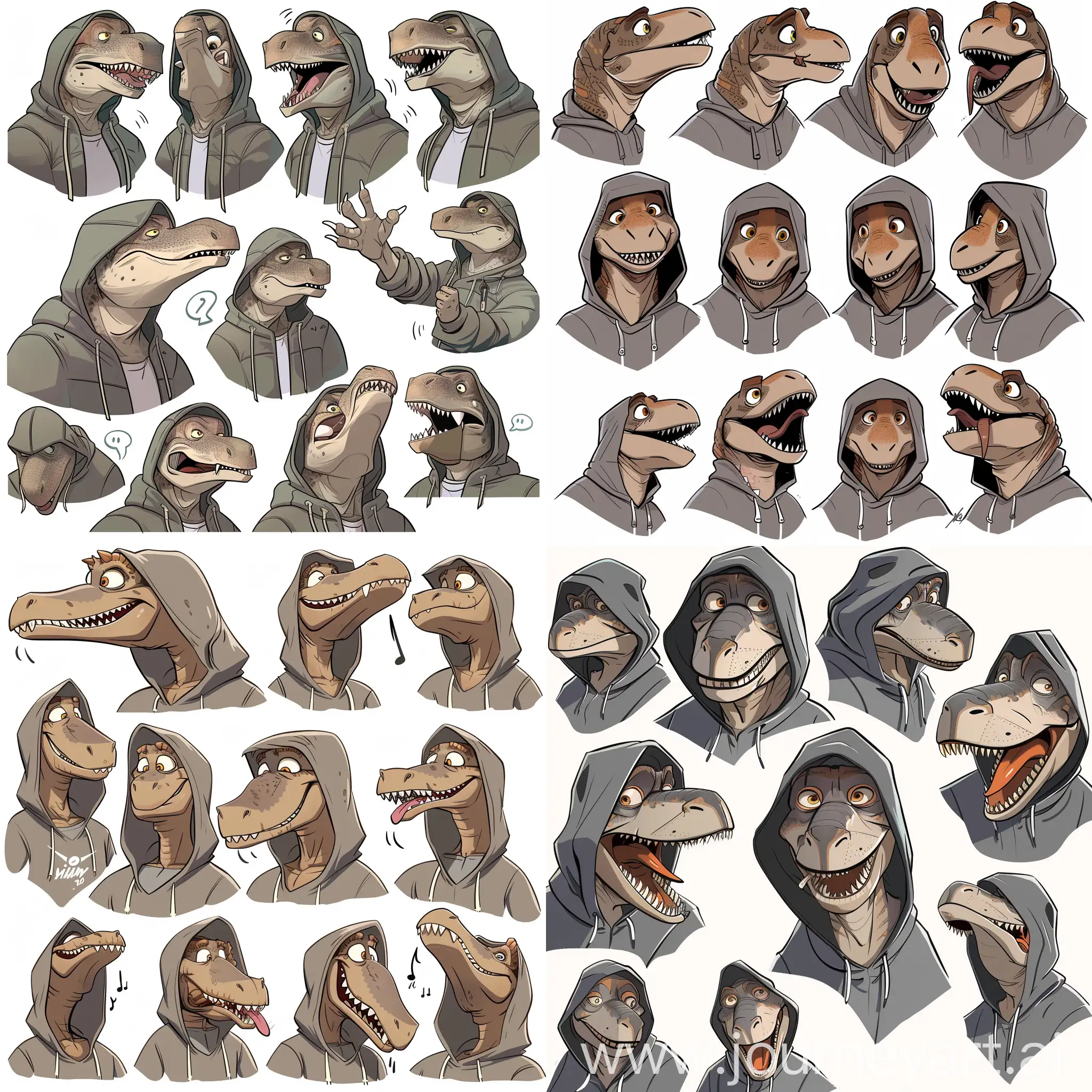 emotionally expressive adult tech-savvy dinosaur in a hoodie, different angles, multiple expressions and poses, character sheet, Pixar style, white background 