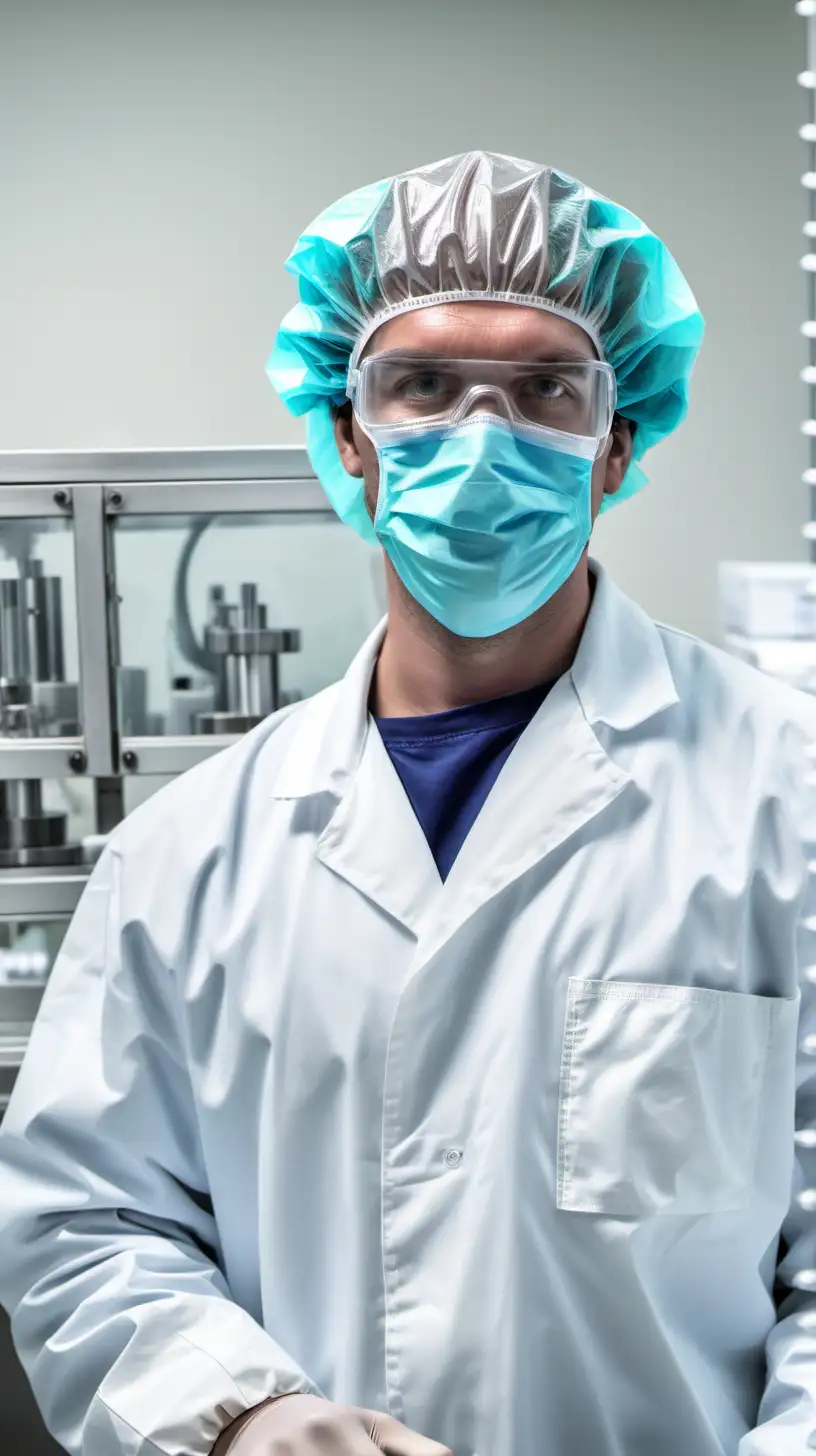 Dedicated Workers in Pharmaceutical Industry Wearing PPE and Operating Chrome Machinery
