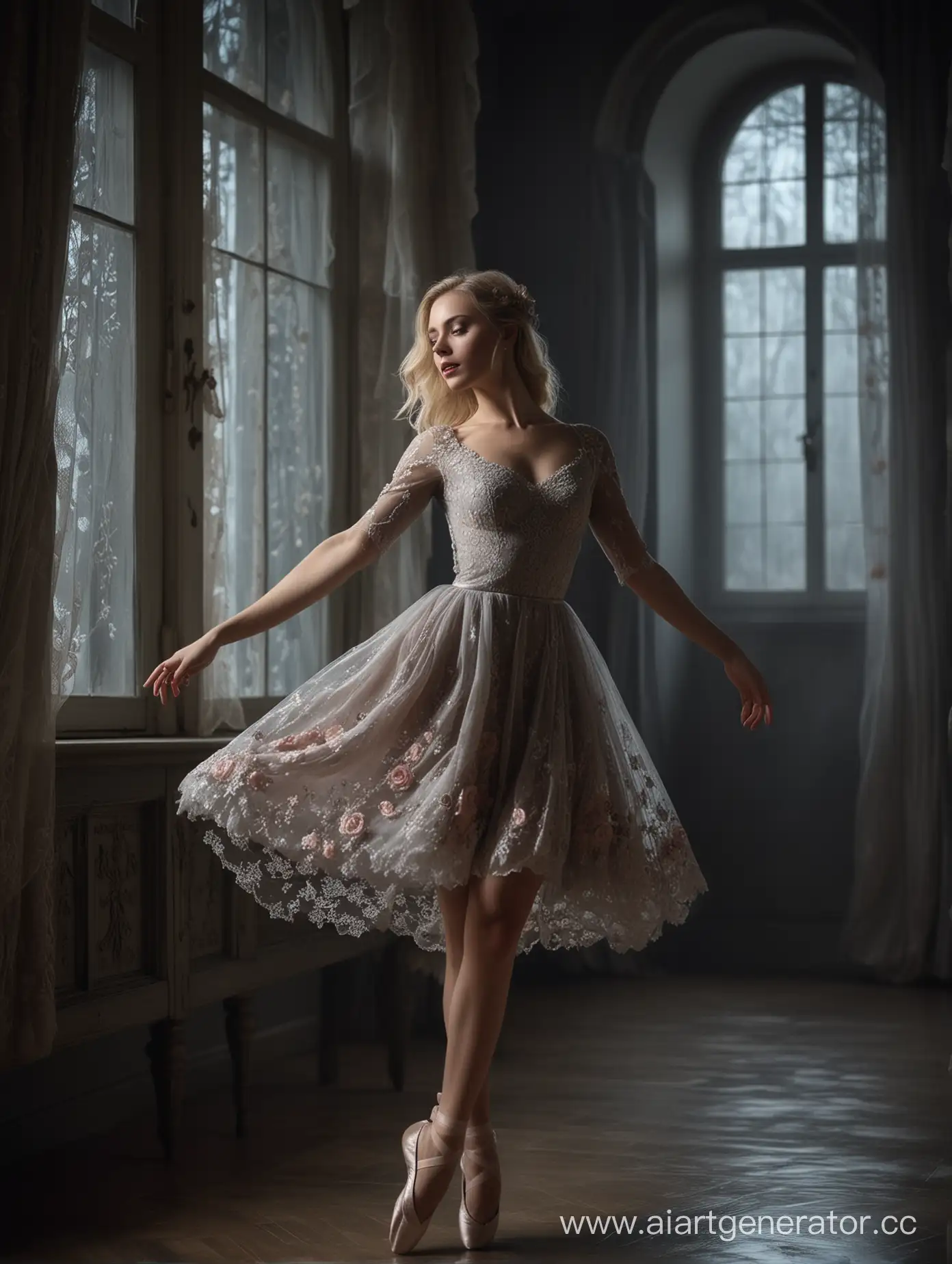 Una escena poética y visualmente cautivadora. La imagen muestra a una hermosa bailarina rusa rubia , pechos medianos con un maquillaje delicado y ojos claros, luciendo un vestido de encaje gris (el vestido con falda corta tiene diseños de rosas). Ella está bailando ballet en soledad en un salón oscuro, iluminado por la luz de la luna que entra por un gran ventanal. Las zapatillas de ballet que lleva puestas son blancas, lo que resalta su figura y su rostro angelical. Esta descripción nos transporta a un ambiente mágico y romántico, donde la bailarina se encuentra en el centro del salón, expresando su arte y gracia a través de la danza. La combinación de la oscuridad del salón, la luz de la luna y la elegancia de la bailarina crea una imagen visualmente impactante y llena de belleza.