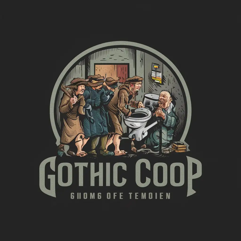 logo, A band of thieves stealing a toilet from a poor old man, with the text "Gothic COOP", typography, be used in Religious industry