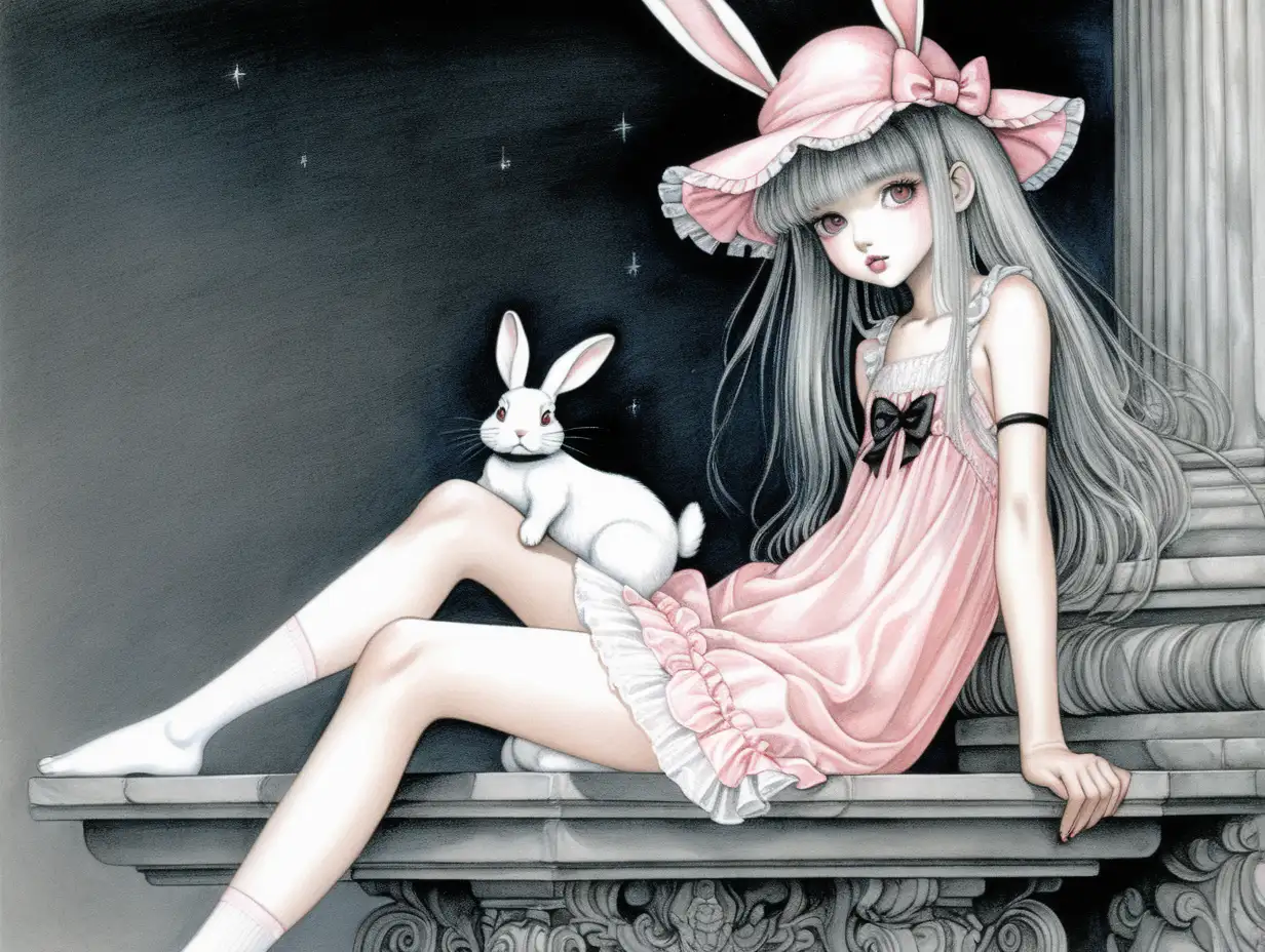 Ethereal RabbitEared Girl in Frilly Nightgown A Spooky Copic Marker Illustration