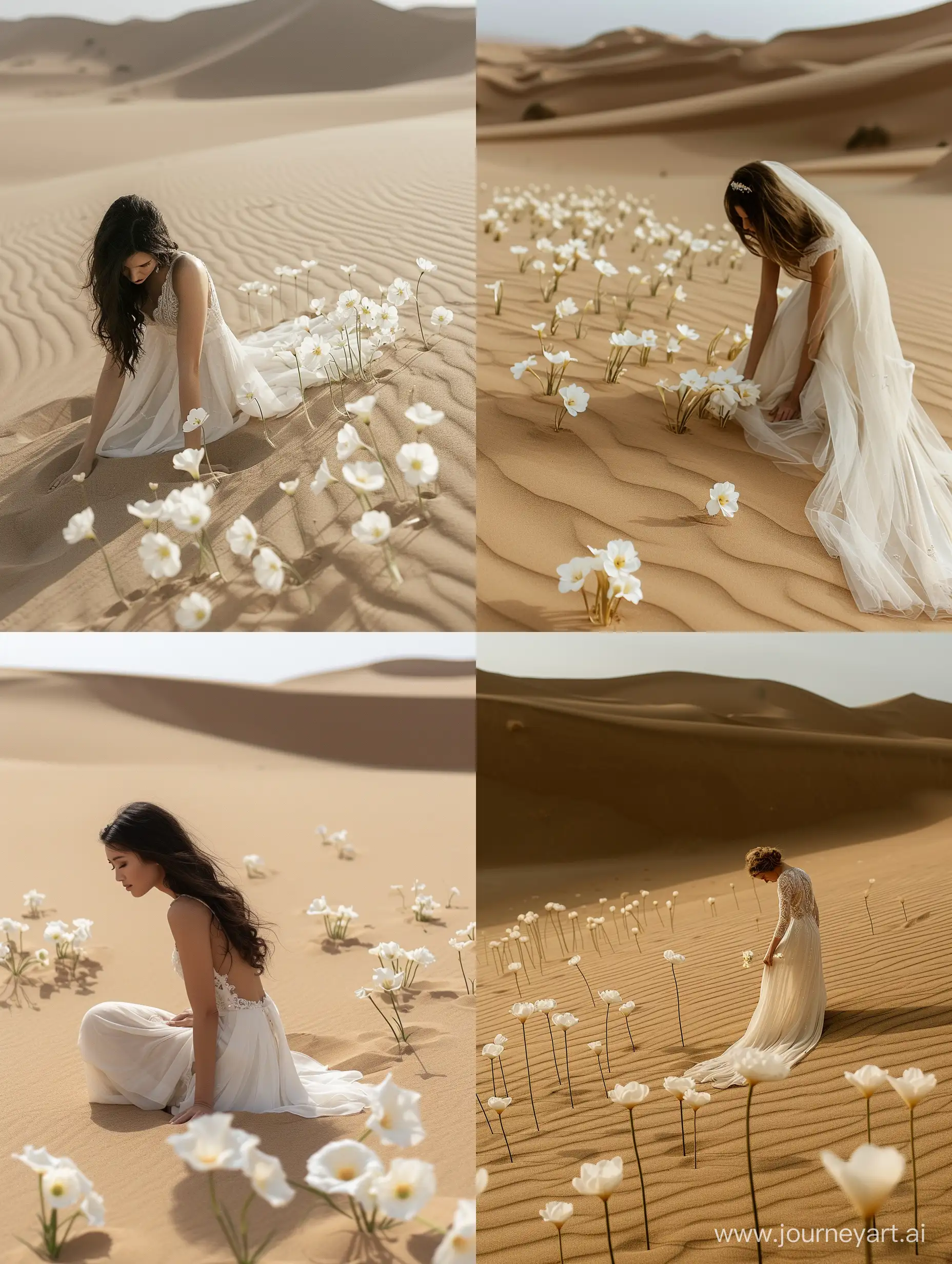невеста в пустыне, идеально ровный песок, 100 одиночных белых цветков воткнуты в песок, другой растительности нет