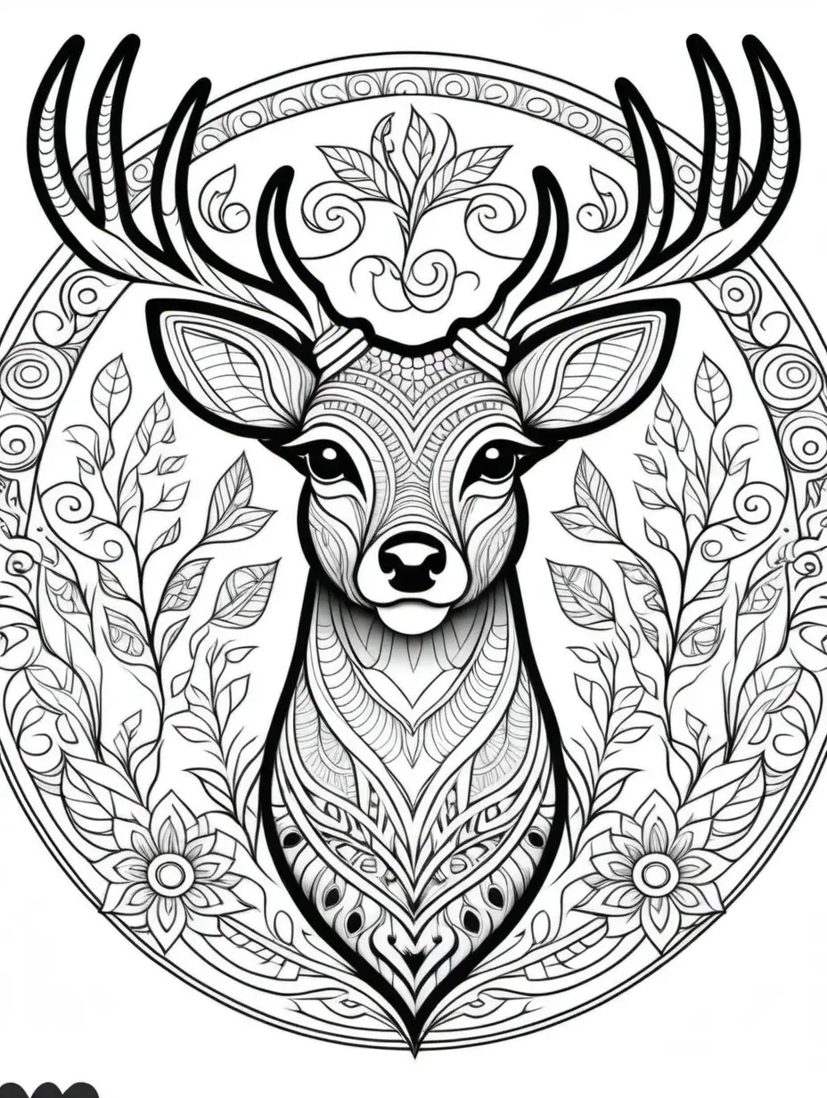 line work, coloring book page, mandala filled deer, black and white, thick lines, white background, vector file