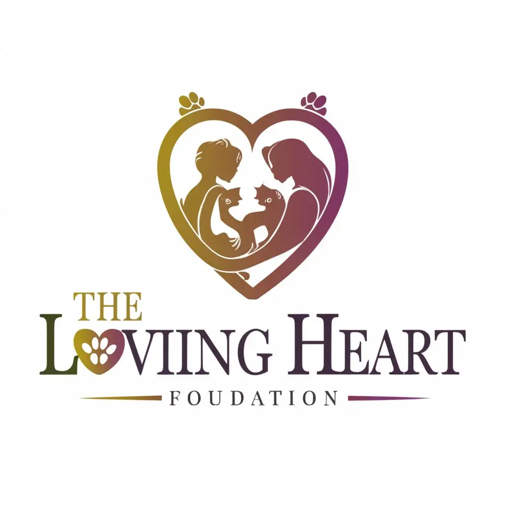 a logo design,with the text Loving Heart Foundation, main symbol:heart, mother, children, cats and dogs,complex,be used in Religious industry,clear background, white background, purple, pink, magenta, 
