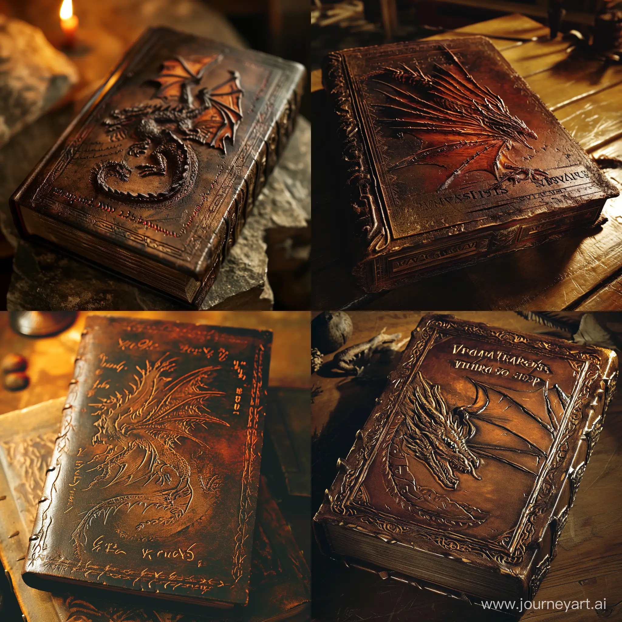 Dragonology tome,a dragon on it, ancient,leather cover,runic script,incredible detail,warm light,terrifying.