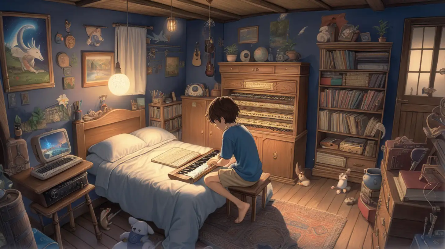 a boy with brown hair producing music in his room at night, happy, peaceful, beauiful illustration of fantasy, ghibli, princess mononoke, soothing, dark, music, amazing detailed game poster, wide angle, Hayao Miyazaki --ar3:2 --niji 5