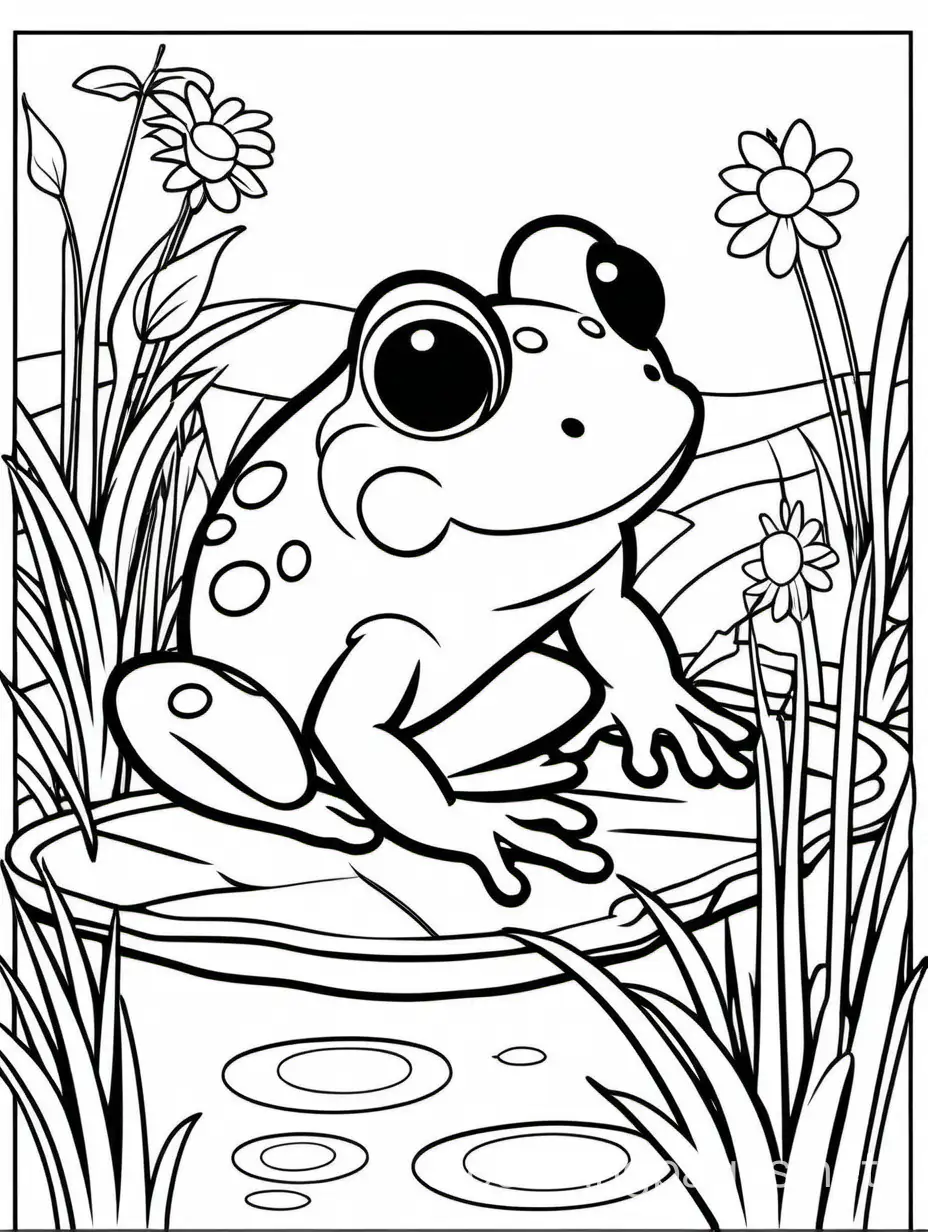 illustration, only thick outlines, no grayscale, white background, for kids to color, cartoon style, cute frog, pond, Coloring Page, black and white, line art, white background, Simplicity, Ample White Space. The background of the coloring page is plain white to make it easy for young children to color within the lines. The outlines of all the subjects are easy to distinguish, making it simple for kids to color without too much difficulty
