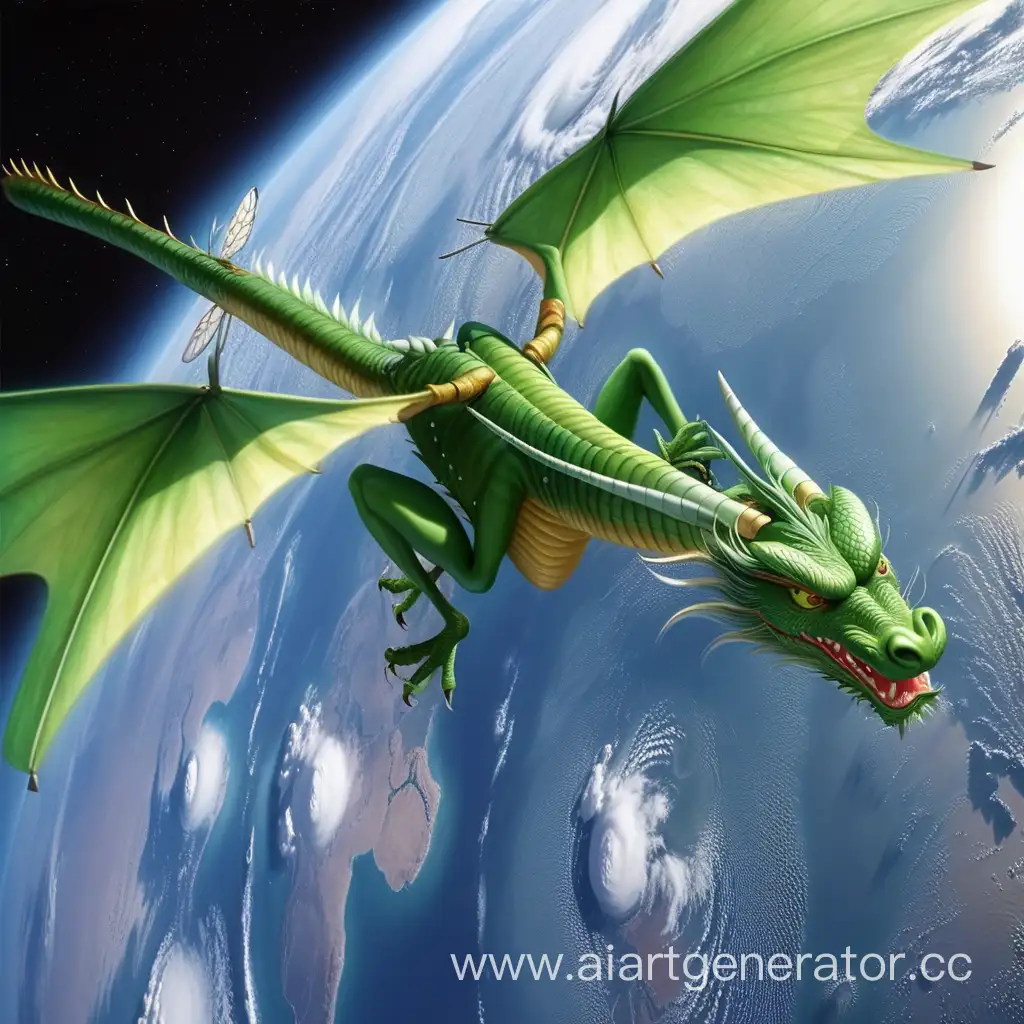 2024 год дракона, зеленый дракон летит на замлю из космоса