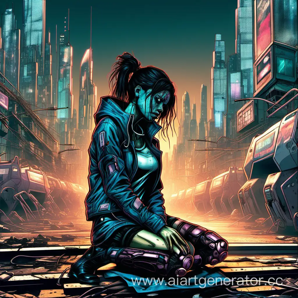 Cyberpunk-Girl-Crying-Amid-Urban-Chaos