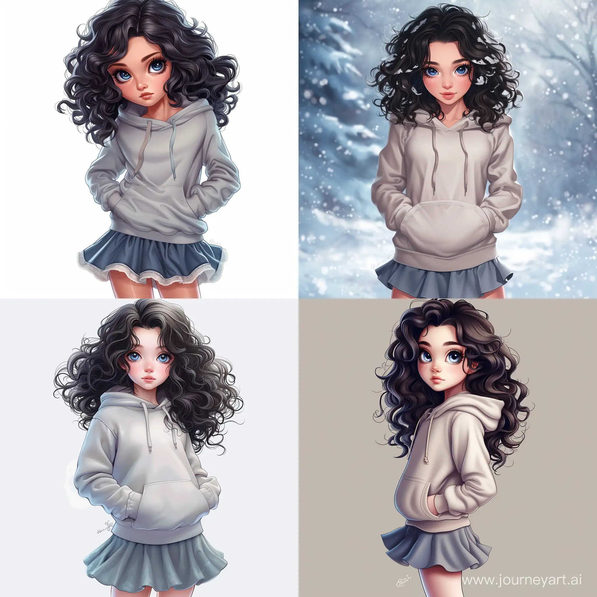 Beautiful girl, dark curly hair, sapphire eyes, snow-white skin, teenager, 14 years old, calm, in a hoodie and skirt, high quality, high detail, cartoon art