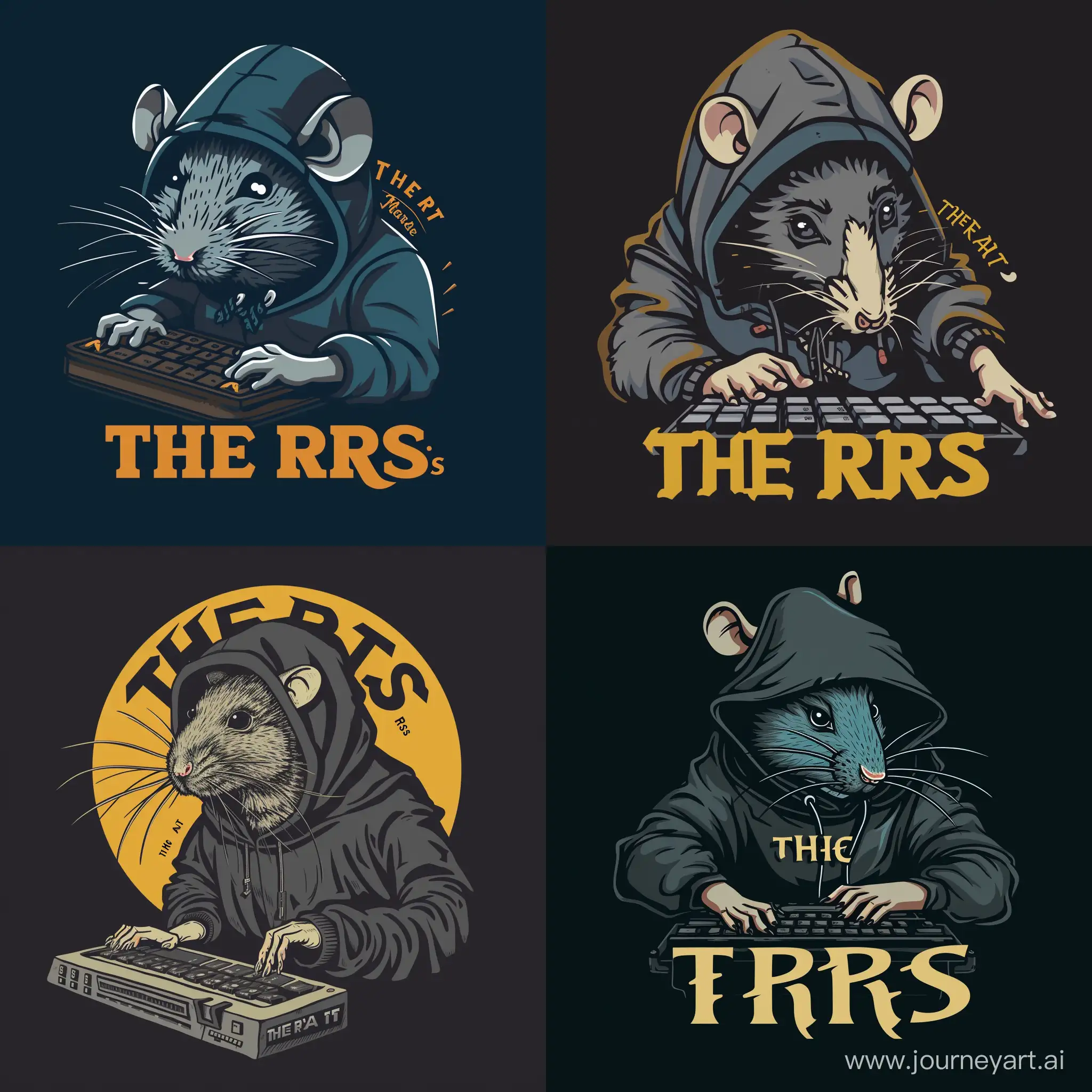Logo of a rats who is typing with a keyboad and he got a hood on him and at the back of his hood he got the phrase T  h  e  R  a  T  s