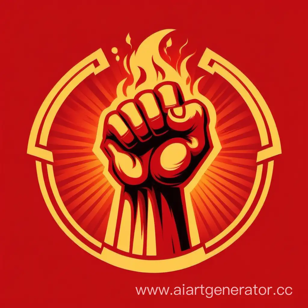 logo, a fiery fist on a red background in the style of the USSR