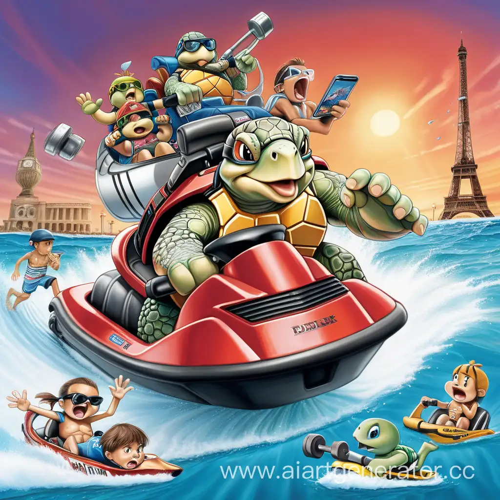 Turtle-Jet-Ski-Workout-Crowds-Rush-to-Bench-Press-on-Tattooed-Shell-at-Sunset