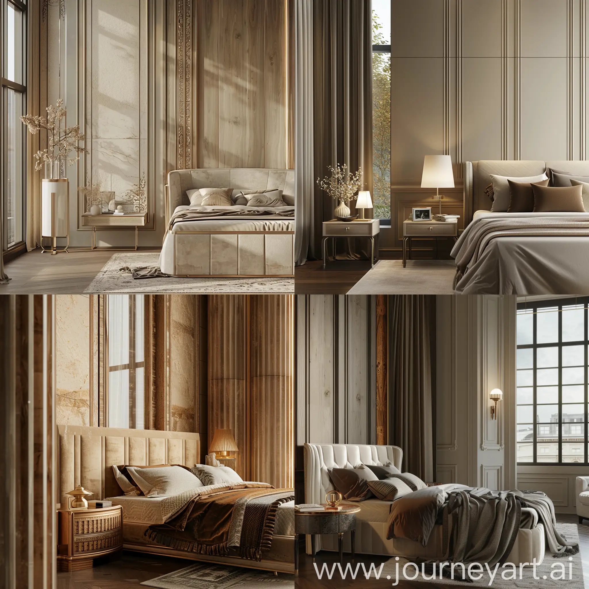 Modern greco roman luxurious bedroom, wall panelling design, bed side tables. Left side table and 50% of bed is overlapping a tall window behind