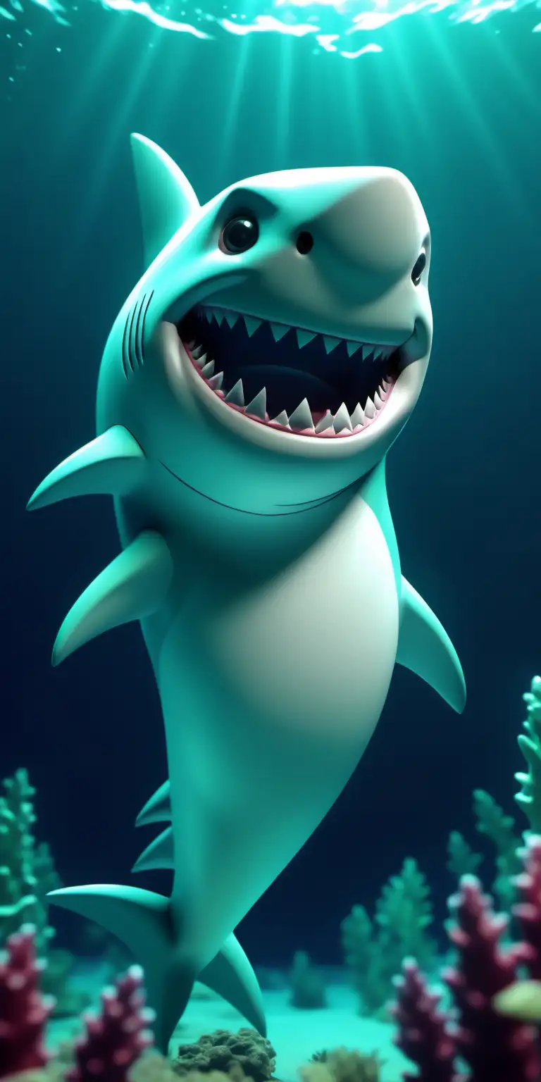 Adorable Mint Cartoon Shark in a Stunning Underwater Scene