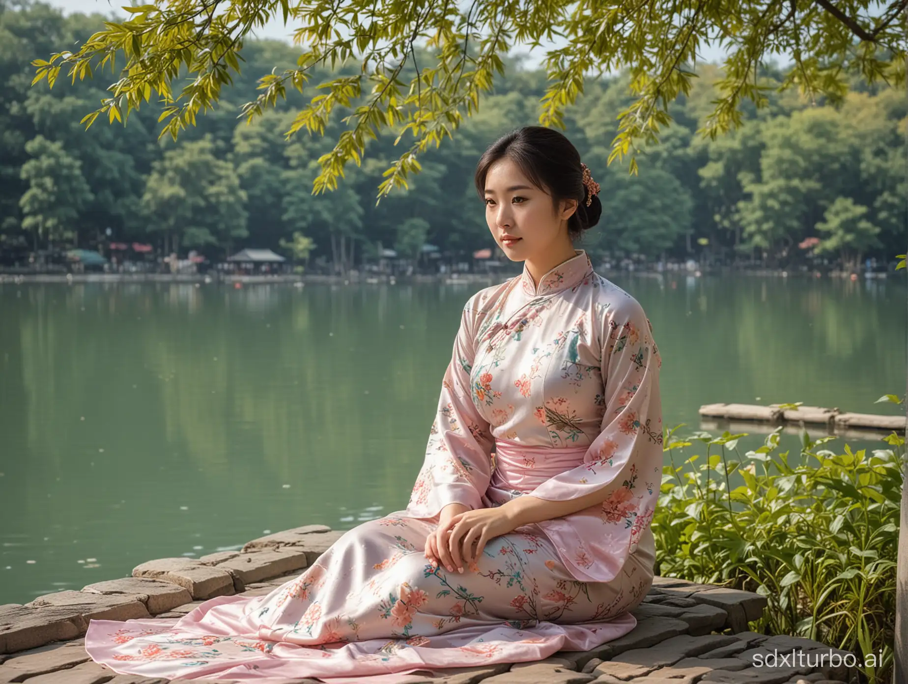 A plump oriental girl in a qipao, sitting lightly by West Lake.