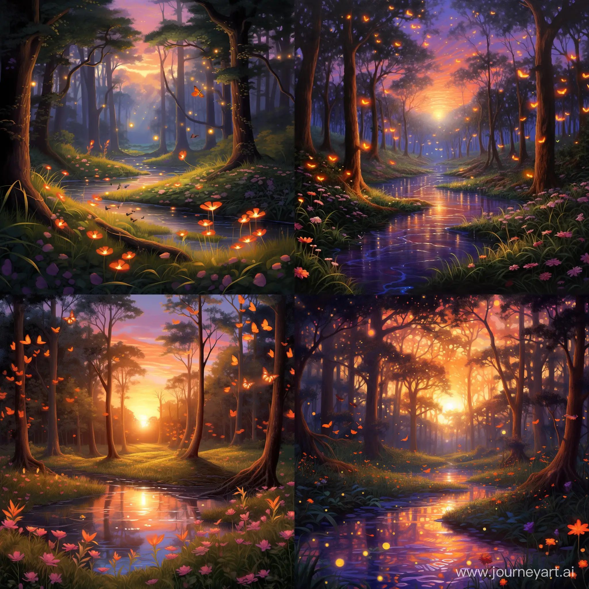 In a serene forest clearing, a vibrant sunset casts warm hues over a group of whimsical fireflies dancing in the twilight.