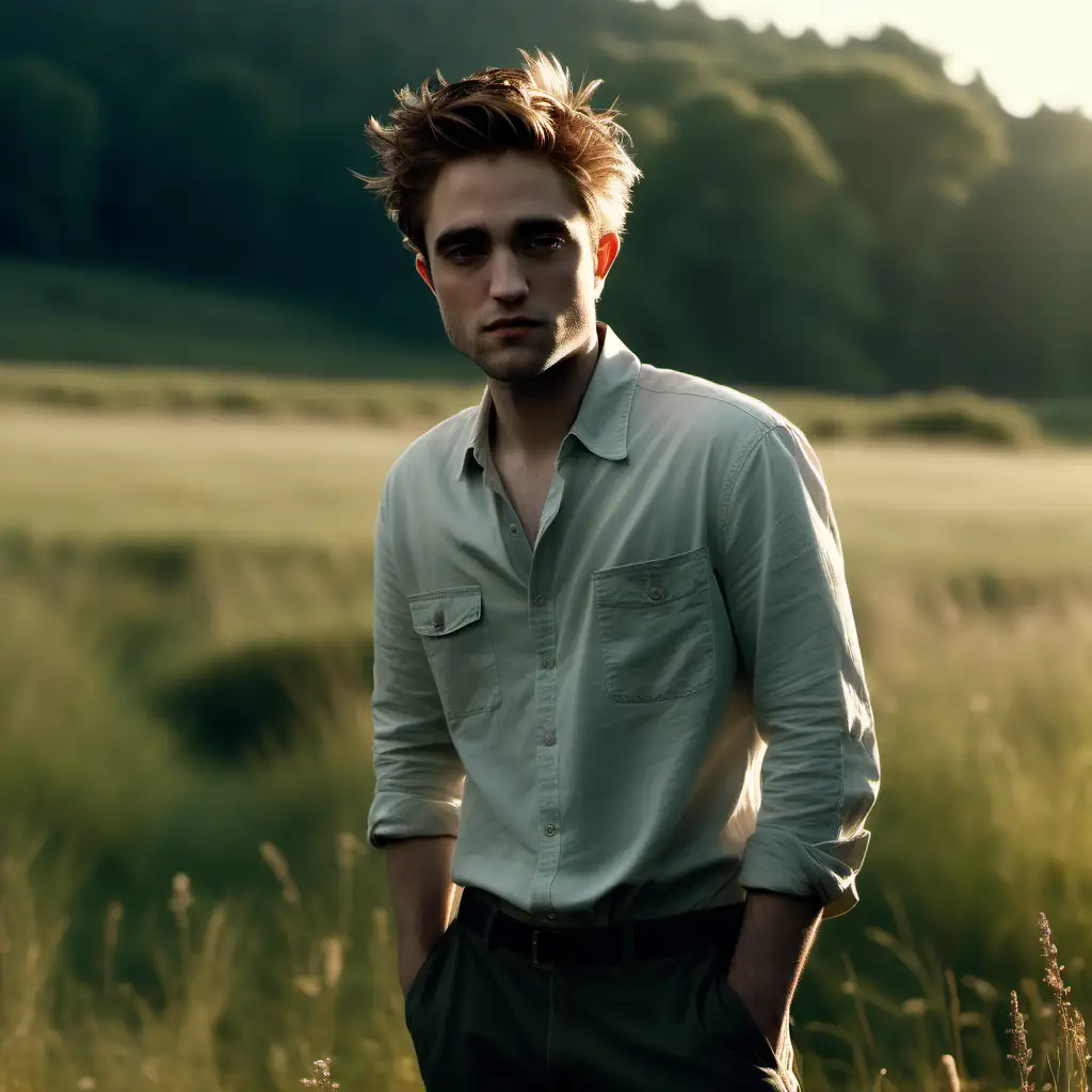 Contemplative Cinematic Portrait of Young Robert Pattinson in Meadow