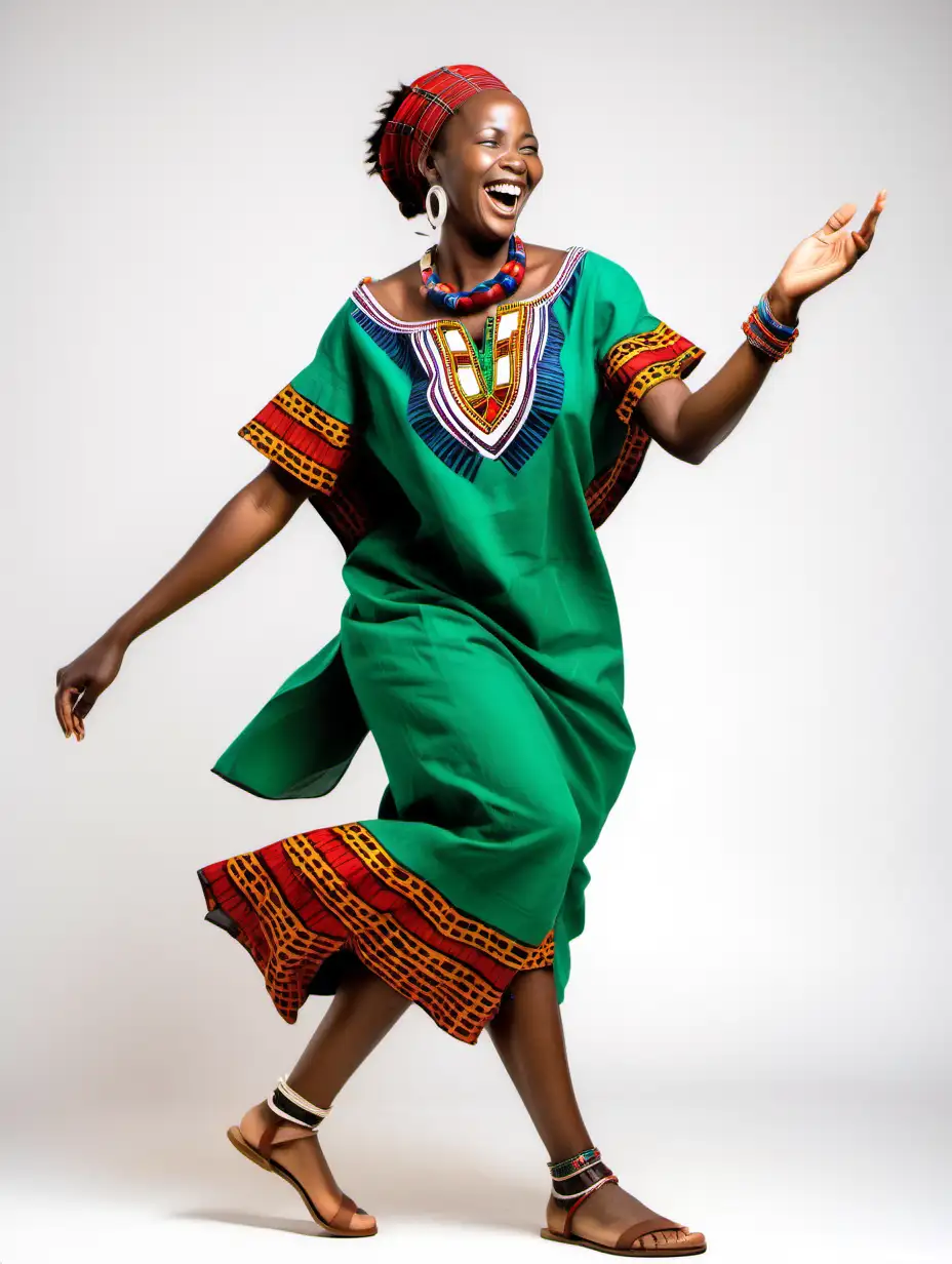 Smiling Dancing African woman in a modern conservative Maasai green outfit and brown sandals white background