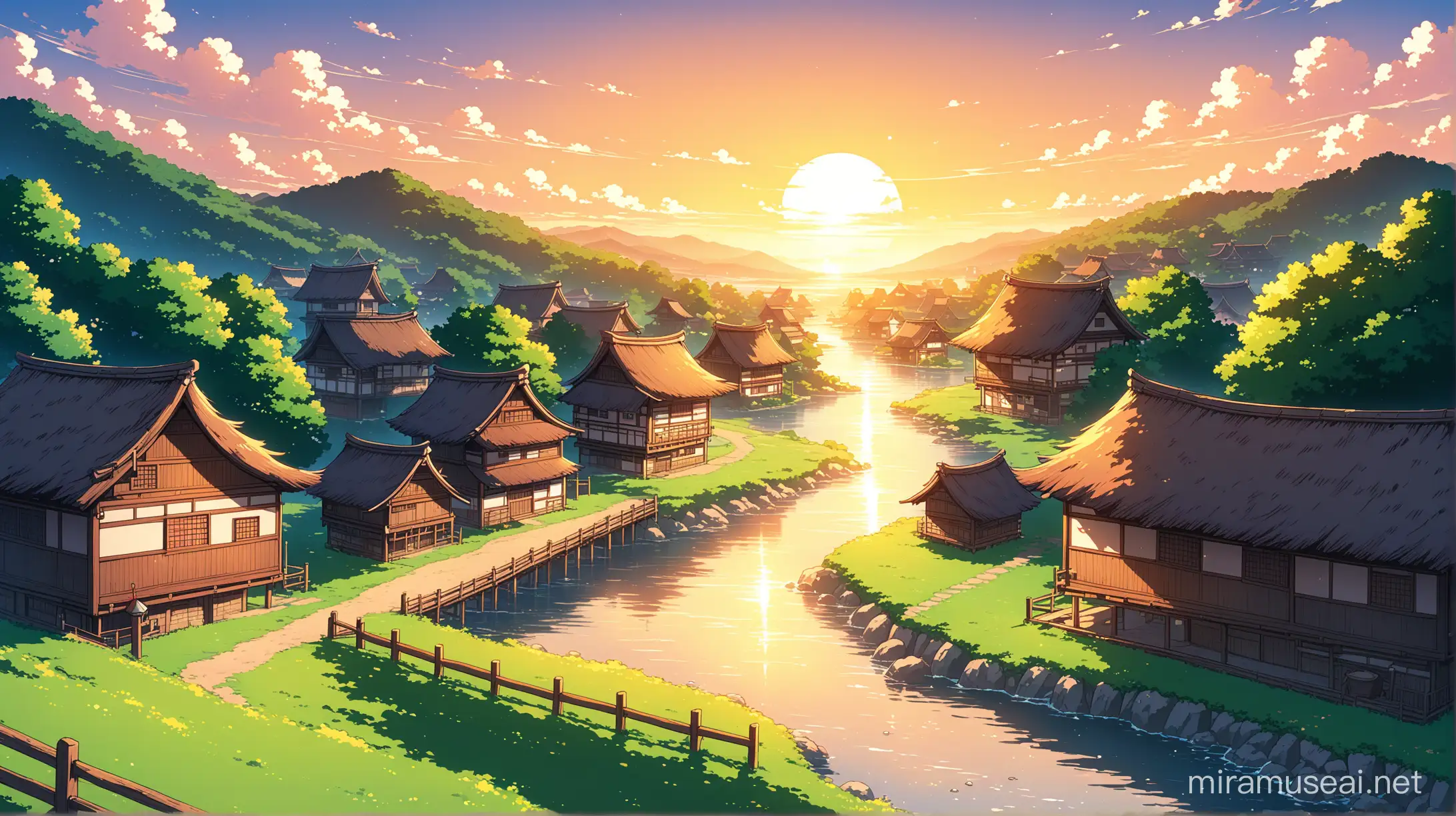 Charming AnimeStyle Village Scenery with Quaint Buildings and Lush Greenery