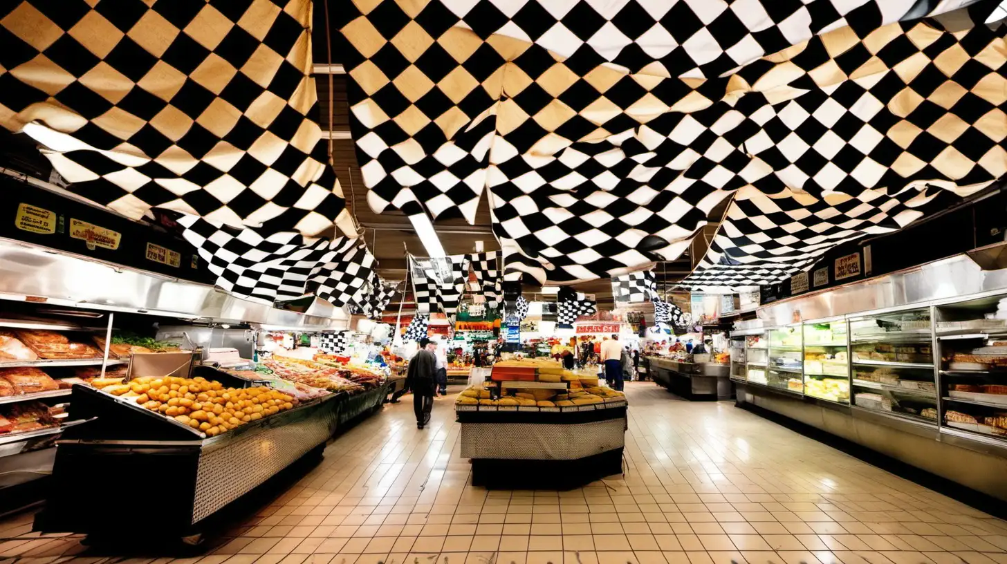 Vibrant Checkered Flags Adorning an Eclectic Food Market