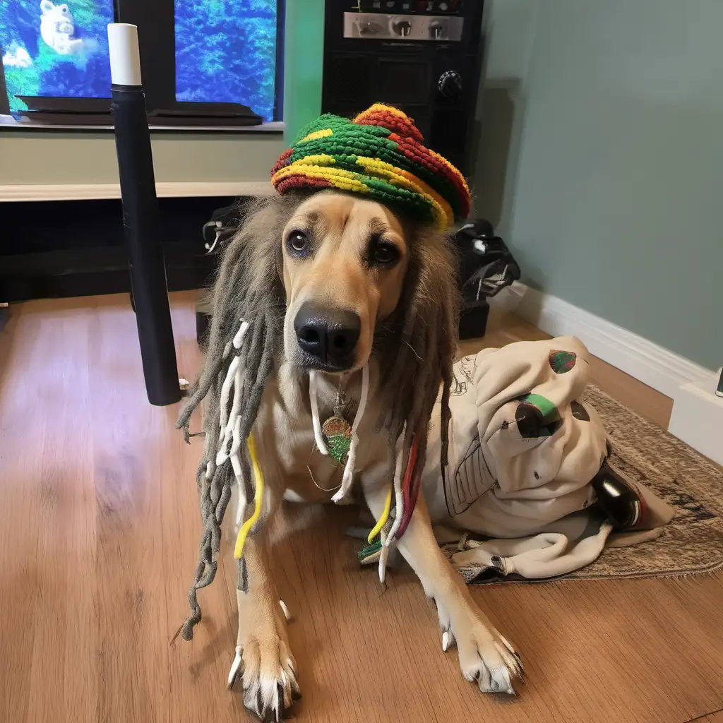 Make this dog Rastafarian and smoking a joint