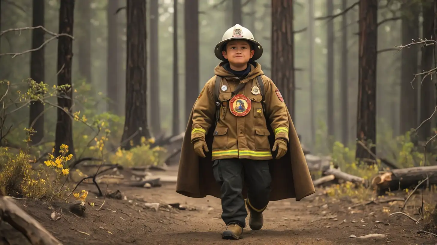 CAL FIRE Firefighter is wearing a CAL FIRE badged cape, while standing over the body of U.S. Forest Service Smokey Bear, with map and California flag in hand.