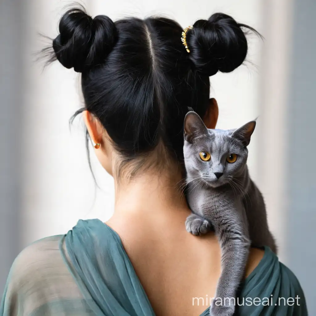 Katze mit Dutt, von hinten zu sehen, hat eine Russich Blau Katze auf den Schulter